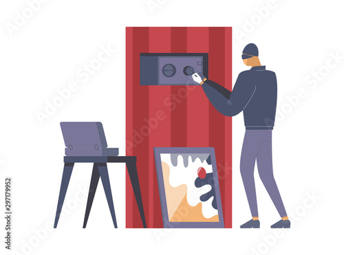 Criminal opening safe flat vector illustration. Thief, criminal in mask cartoon character. Disguised burglar lock picking safebox, robber stealing money, crime scene, larceny design element