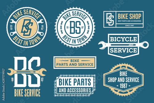 Set of vector bike service, bicycle shop and parts logo, badges and icons