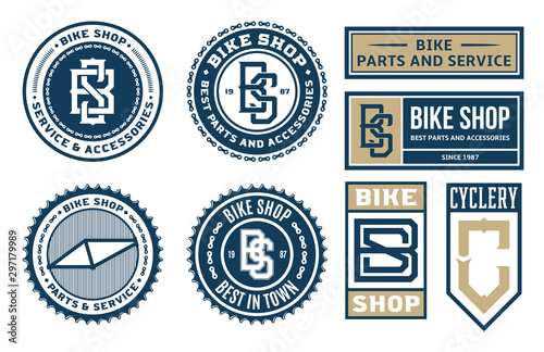 Set of vector bike shop, bicycle part and service logo, badges and icons isolated on a white background