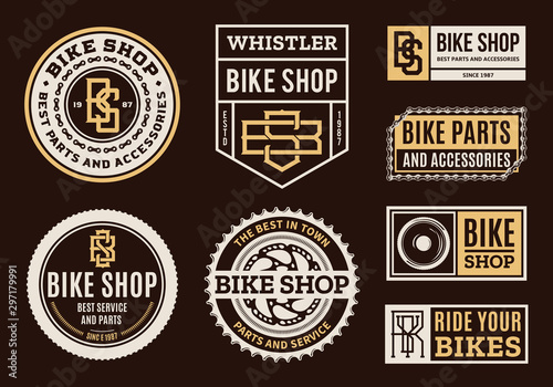 Set of vector bike shop, bicycle part and service logo, badges and icons isolated on a white background
