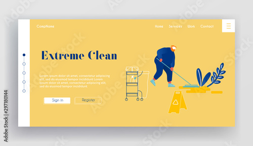 Man Washing Room Website Landing Page. Professional Cleaning Company Service Man Sweeping and Mopping in Public Place with Warning Sign on Wet Floor. Web Page Banner. Cartoon Flat Vector Illustration
