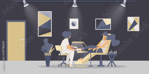 Pedicure procedure flat vector illustrations. Professional beautician and fashion parlor customer cartoon characters. Feet massage and fingernail polish service, pedicurist occupation