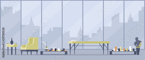 Empty massage room flat vector illustrations. Beauty salon furnishing, masseur workplace interior decor. Comfortable couch and armchair, burning candles for aromatherapy and decorative plant