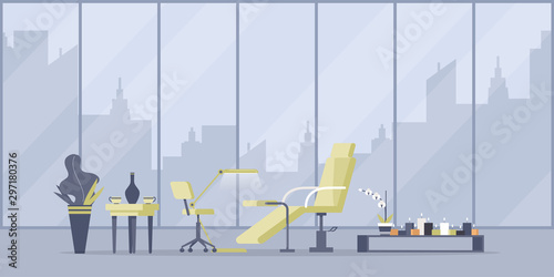 Beauty salon room flat vector illustrations. Fashion parlor furnishing, manicurist workplace interior decor. Comfortable manicure, pedicure chair, burning aroma candles, and coffee table