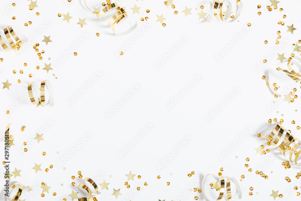 Christmas modern composition. Golden decorations, confetti, streamers, stars on white background. Christmas, New Year, winter concept. Flat lay, top view, copy space - obrazy, fototapety, plakaty 