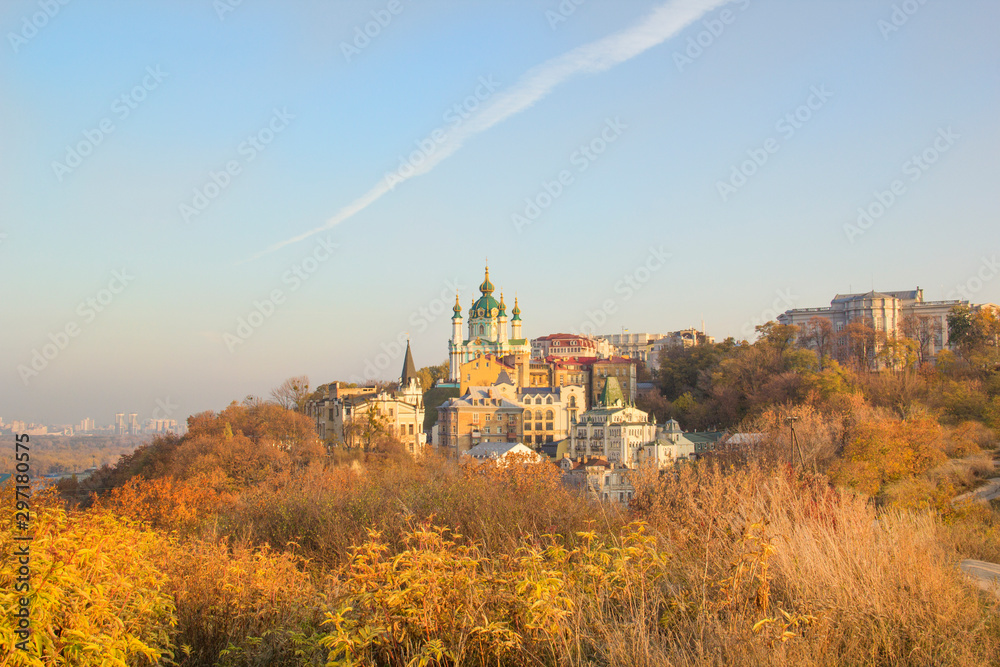 Beautiful view of St. Andrew's Church and St. Andrew's Descent in Kyiv, Ukraine