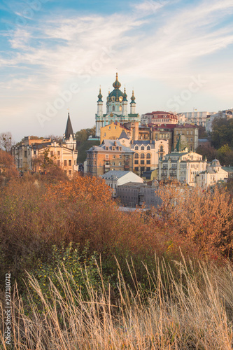 Beautiful view of St. Andrew's Church and St. Andrew's Descent in Kyiv, Ukraine photo