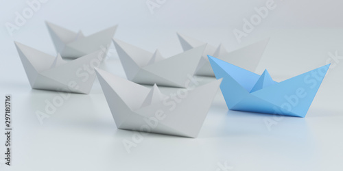 Leadership concept with blue paper ship leading among white, 3d illustration