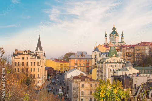 Beautiful view of St. Andrew's Church and St. Andrew's Descent in Kyiv, Ukraine