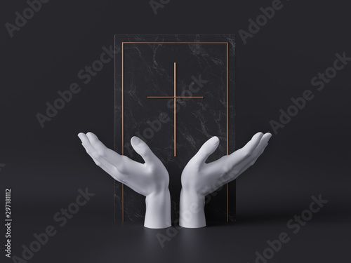 3d render, white mannequin hands isolated on black background, holy bible, black marble board, gravestone, catholic cross, religious book, spiritual concept, luxury minimal mockup, simple clean design