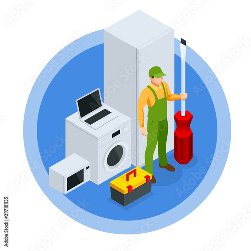 Isometric Repair of Household Appliances Concept. Call Master Repair of Household Appliances.