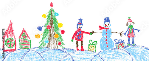 Like child hand drawing christmas space holiday border. Crayon, pastel chalk or pencil funny sketch doodle tree, house, ball, snowman, kid, boy, gift box, snow, hut. Vector background simple style