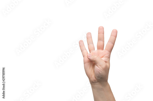 Male hand is showing four fingers isolated on white background, place for text