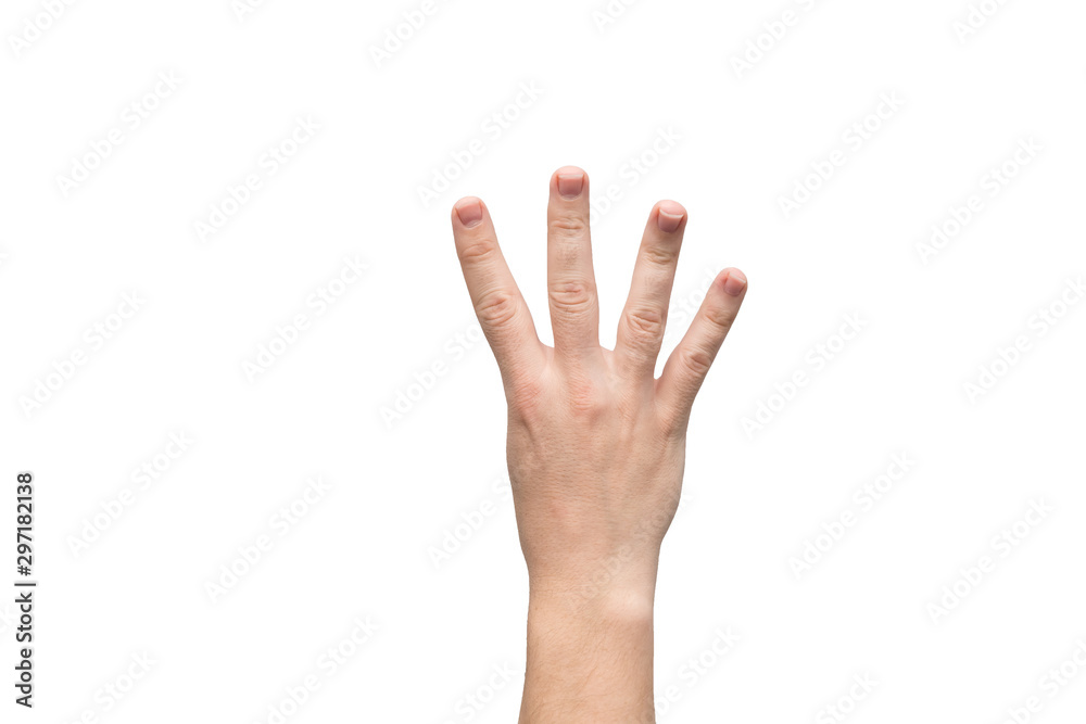 Male hand is showing four fingers isolated on white background, place for text Male hand is showing four fingers isolated on white background, place for text