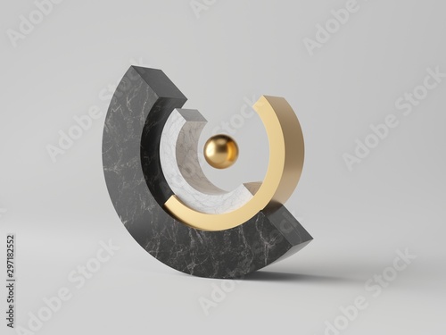 3d abstract minimal modern background, balance concept, cut cylinder blocks isolated on white, black marble, gold ball, simple clean design, classy decor