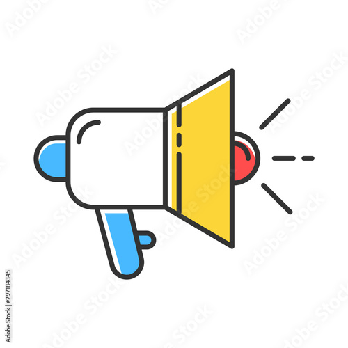 Promotional tools color icon. Megaphone. Informing customers. Advertising campaign. Marketing item. Loudspeaker, bullhorn. Propaganda symbol. Isolated vector illustration