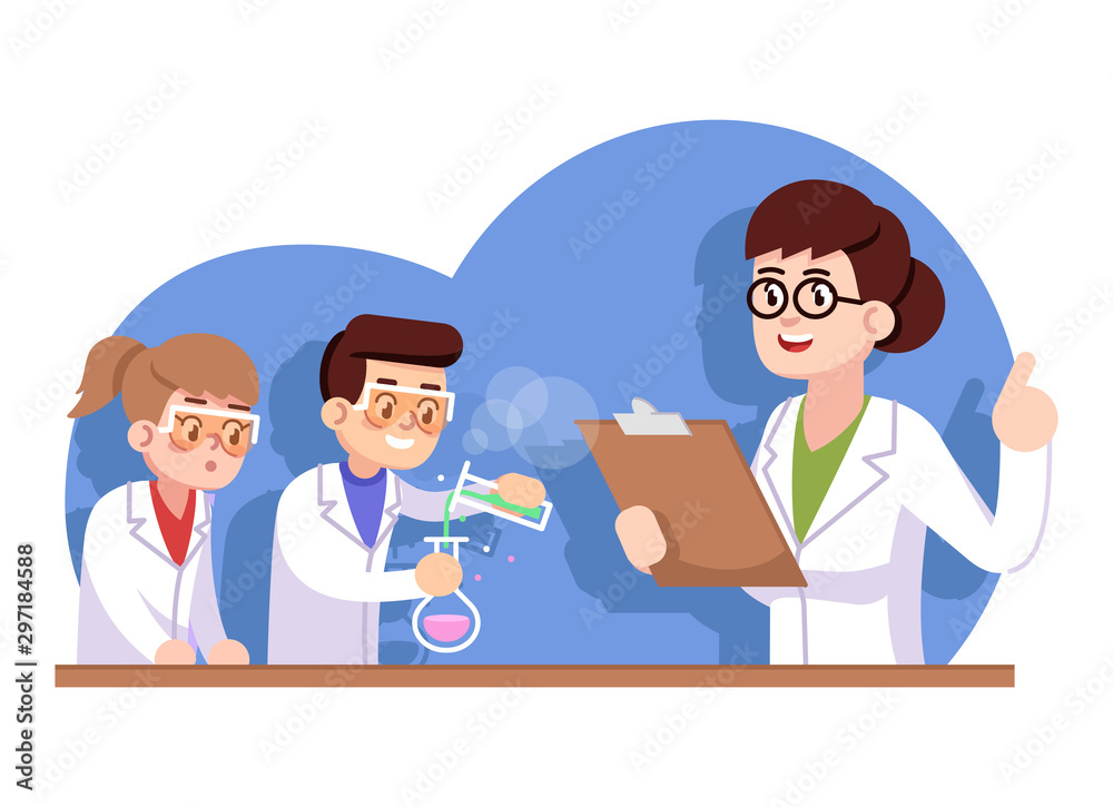 Chemical club for children flat vector illustration. Advanced chemistry study. Popularization of science for kids. Interest classes. Girl and boy with teacher conducting experiment cartoon characters Chemical club for children flat vector illustration. Advanced chemistry study. Popularization of science for kids. Interest classes. Girl and boy with teacher conducting experiment cartoon characters
