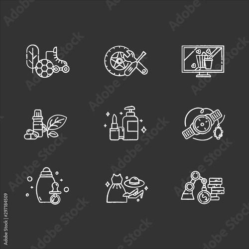 E commerce departments chalk icons set. Online shopping categories. Beauty and personal care. Fashion. Jewelry and watches. Auto parts. Sports and outdoors. Isolated vector chalkboard illustrations