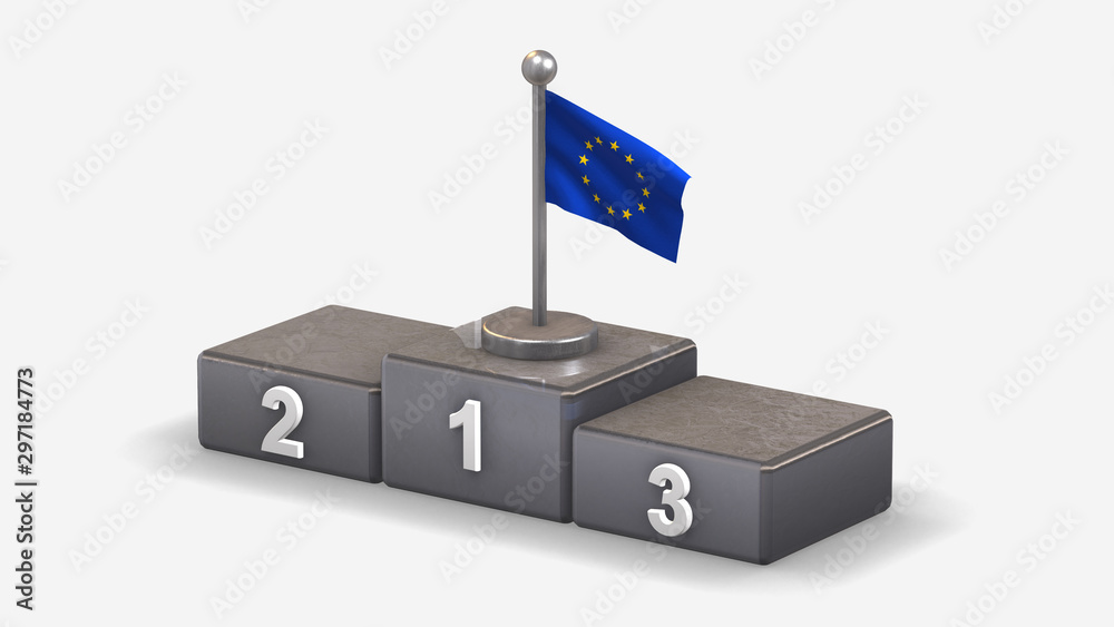 European Union 3D waving flag illustration on winner podium. European Union 3D waving flag illustration on winner podium.