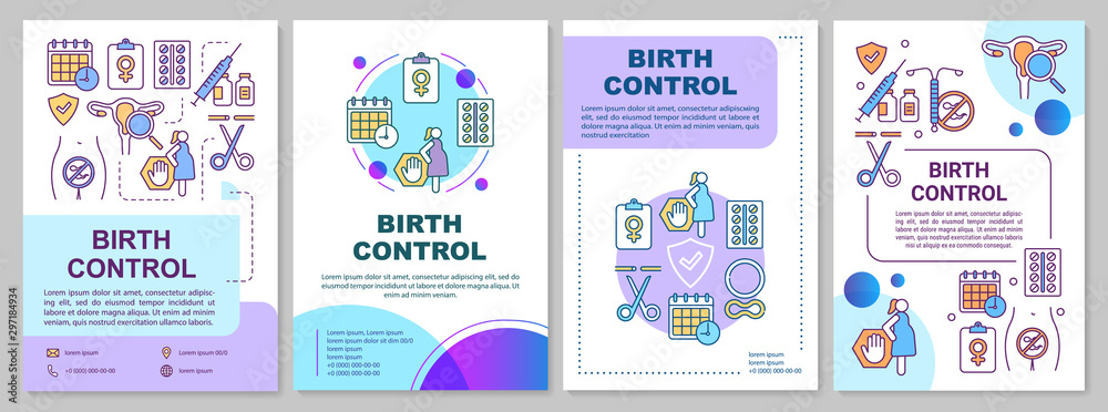 Birth control brochure template. Contraception methods. Flyer, booklet, leaflet print, cover design with linear illustrations. Vector page layouts for magazines, annual reports, advertising posters