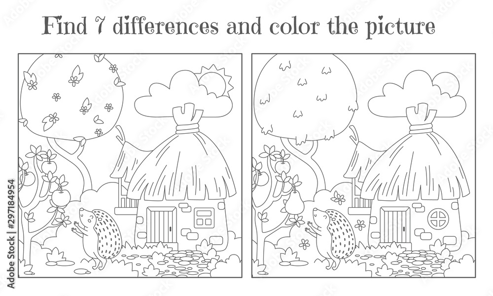 Find seven differences and paint a picture. Hedgehog near the forest hut reaches for fruit. Vector Find seven differences and paint a picture. Hedgehog near the forest hut reaches for fruit. Vector