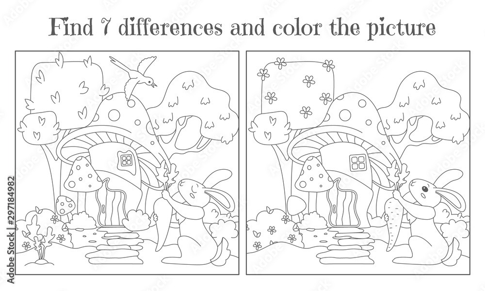 Fototapeta premium Find seven differences and paint a picture. A mushroom house in the forest and a hare with a carrot. Vector