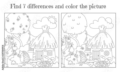 Find seven differences and paint a picture. Hedgehog near the forest hut reaches for fruit. Vector