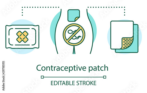 Contraceptive patch concept icon. Hormonal birth control method. Protection from unwanted pregnancy. Safe sex idea thin line illustration. Vector isolated outline drawing. Editable stroke