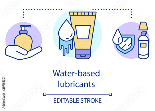 Water based lubricants concept icon. Moistening agent for human sexual acts. Lube for coitus. Moisturizing cosmetics idea thin line illustration. Vector isolated outline drawing. Editable stroke