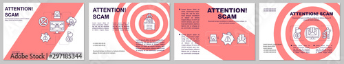 Attention scam red brochure template. Fraud warning flyer, booklet, leaflet design with linear illustrations. Stealing info. Internet crime. Vector page layouts for magazines, advertising posters