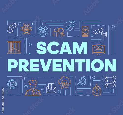 Scam prevention blue word concepts banner. Fraud protection presentation, website. Stopping illegal actions. Isolated lettering typography idea with linear icons. Vector outline illustration