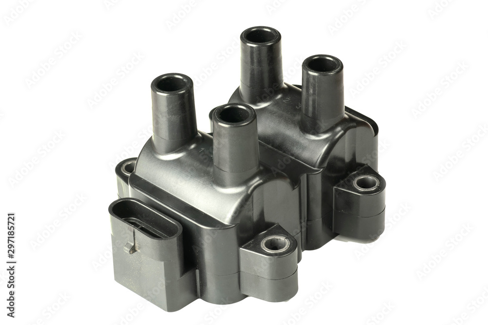 New ignition coil for gasoline engine isolated on white background New ignition coil for gasoline engine isolated on white background