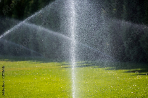 Watering green grass sprinkler. Sprinkler with automatic system. Garden irrigation system watering lawn. 