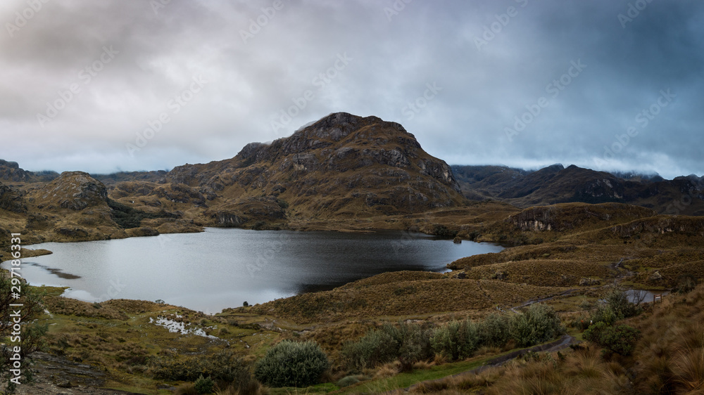 View from “La Toreadora” inside El Cajas National Park. You can see many lagoons, rocky mountains and low vegetation in the distance. A wet and foggy weather, typical of wastelands. Azuay, Ecuador