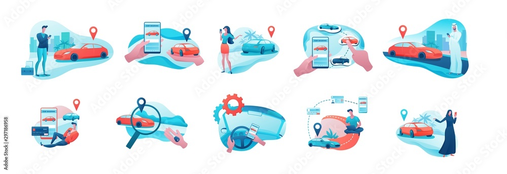 Car share illustration set, arab, european people, rent automobile, businessman order ride, rental service template, mobile app concept, man, girl, flat vector design, turquoise, red color Car share illustration set, arab, european people, rent automobile, businessman order ride, rental service template, mobile app concept, man, girl, flat vector design, turquoise, red color