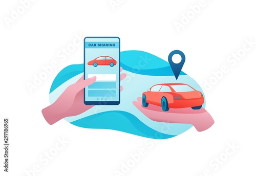 Urban transport concept, car sharing service, rent vehicle by smartphone, businessman order ride, rental service template, mobile app concept, flat vector design, turquoise, red color