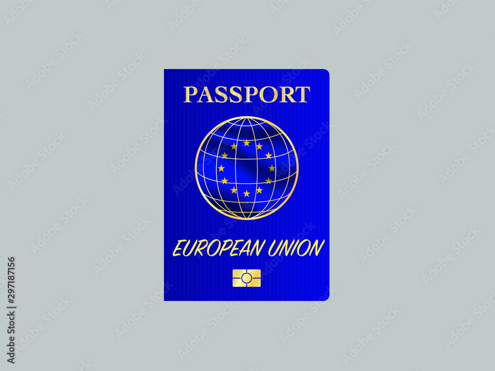 International Passport with biometric digital data chip, realistic blue cover, vector illustration for icon, logo, ads, brand with national flag of European Union International Passport with biometric digital data chip, realistic blue cover, vector illustration for icon, logo, ads, brand with national flag of European Union