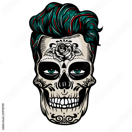 Vector hand drawn colorful illustration of Day Of The Dead Skull. Skull hipster sugar flower. Skull tattoo isolated on white.