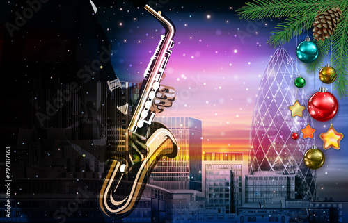 Christmas pink music illustration with saxophone player on cityscape of London background