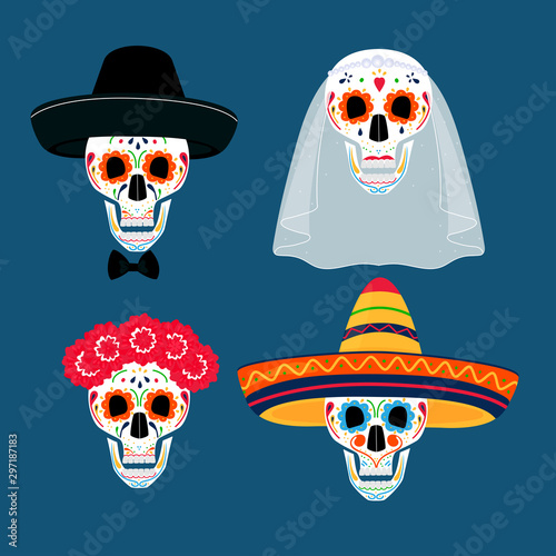 Day of the dead party. Dea de los muertos. Painted skulls in sombrero, wreath, veil, hat.