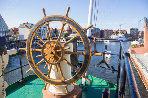 Steering wheel on the ship  soldek in Gdansk.