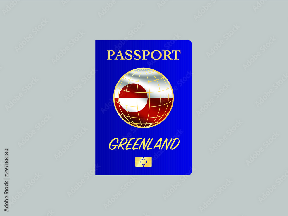 International Passport with biometric digital data chip, realistic blue cover, vector illustration for icon, logo, ads, brand with national flag of Greenland International Passport with biometric digital data chip, realistic blue cover, vector illustration for icon, logo, ads, brand with national flag of Greenland