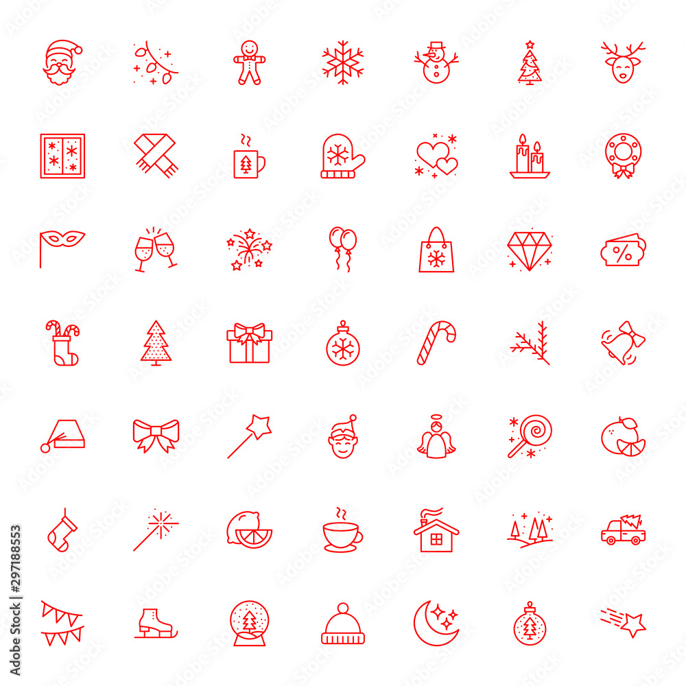 Fototapeta New Year Christmas thile line red icons set. Vector illustrations collection eps10.
