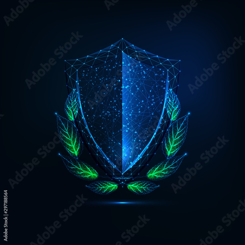 Futuristic glowing low polygonal crest shield with green Laurel wreath on dark blue background.