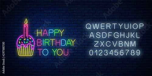 Glowing neon sign of happy birthday with cake and candle with alphabet. Birthday cake celebration symbol