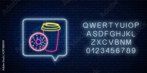 Glowing neon sign of donut and coffee cup in message notification frame with alphabet. Food and drink symbol