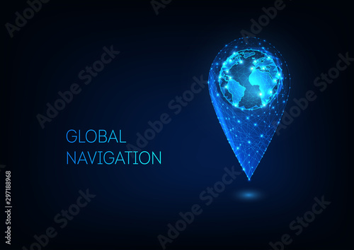 Futuristic glowing low polygonal GPS location sign with earth globe inside.