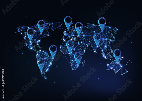 Futuristic glowing low polygonal earth map with GPS location signs on dark blue background.