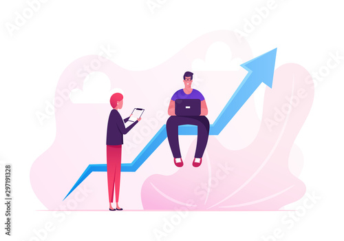 Young Man Sitting on Huge Growing Arrow Working on Laptop, Businesswoman Stand nearby. Businesspeople Working on Growth Data Analysis Graph Financial Statistic Diagram Cartoon Flat Vector Illustration