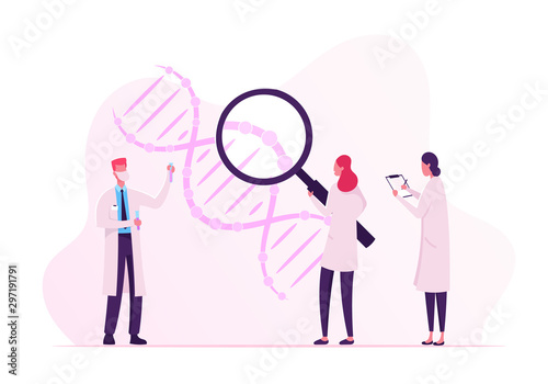 Scientists Working with Dna Looking through Huge Magnifying Glass and Making Notes. Doctor with Flask Doing Laboratory Research. Medicine Technology Genetic Testing Cartoon Flat Vector Illustration photo